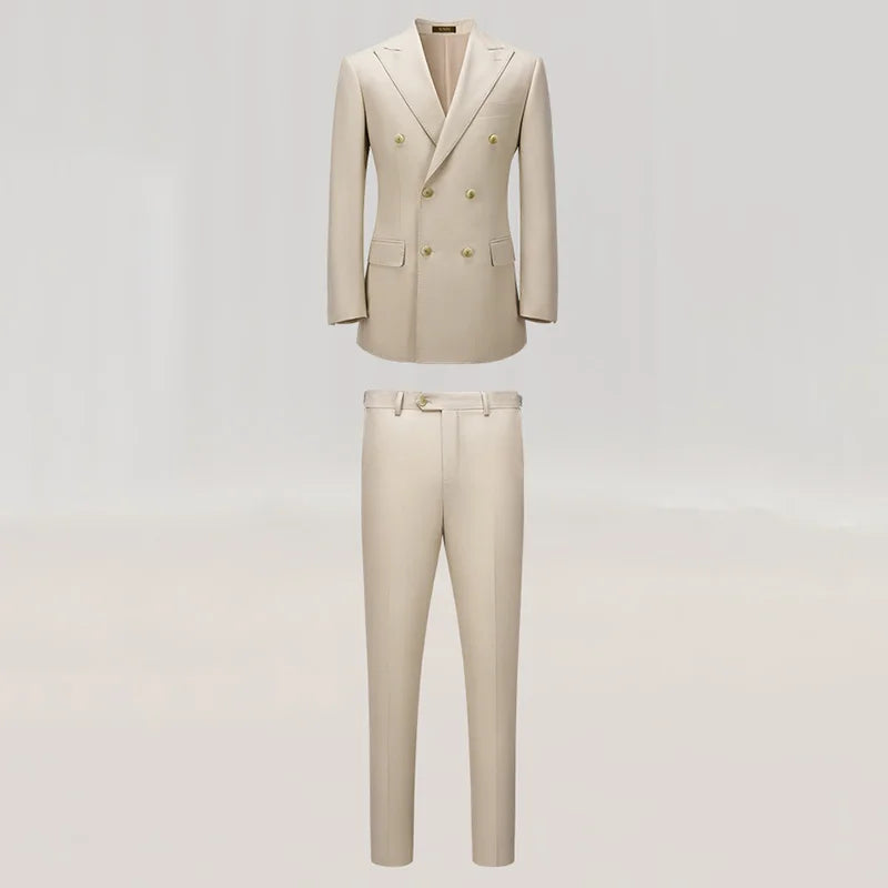 Eleganter Herrenanzug aus 30% Wolle: Zweireihiger Slim Fit in Beige-Khaki für Hochzeiten