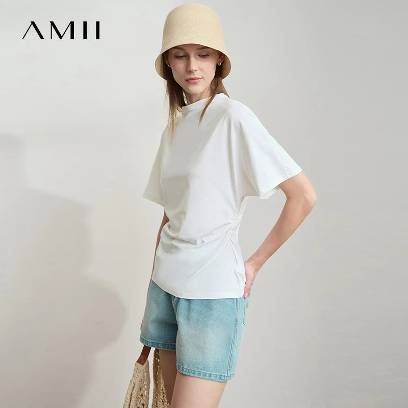 Damen T-Shirt im minimalistischen Sommer-Stil mit solidem Rollkragen und Kurzarm