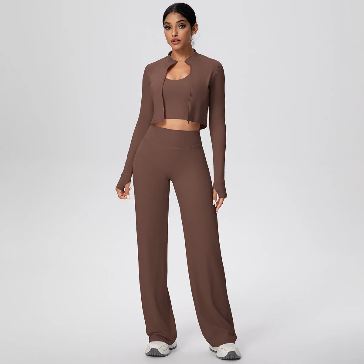 Yoga-Set Damen: Crop-Top mit langen Ärmeln & High-Waist-Leggings, braun
