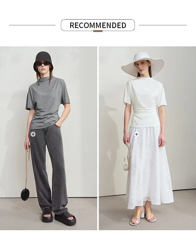 Damen T-Shirt im minimalistischen Sommer-Stil mit solidem Rollkragen und Kurzarm