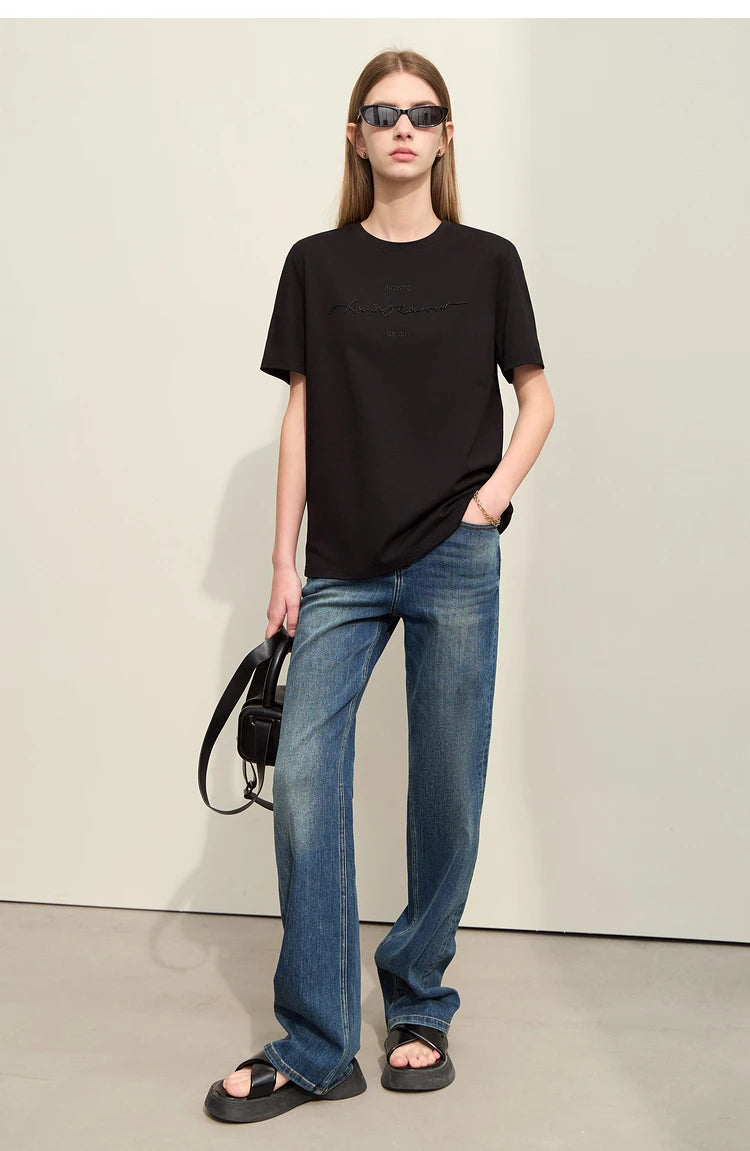 Damen T-Shirts im Minimalismus-Stil mit Kurzarm und Buchstaben-Stickerei