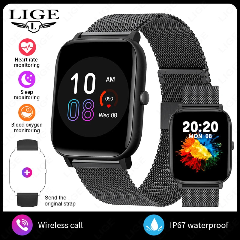 LIGE Modische Smartwatch für Damen, 1,85 Zoll HD-Bildschirm, individuelles Zifferblatt, Herren-Gesundheitsmonitor, Uhr, Bluetooth-Anruf, Sport-Smartwatches