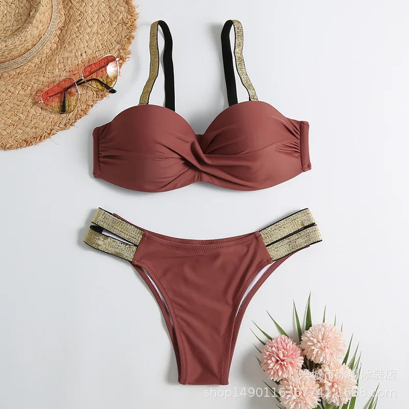 Sexy Bikini-Set in Rosenrot mit Strasssteinen – Push-Up-Badeanzug für Damen am Strand oder Pool