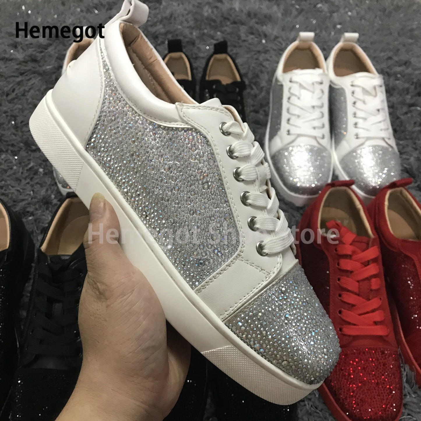 Low-Top Rhinestone Sneakers Men Spring and Autumn Luxury Brand Lace-Up Casual Shoes Red Black White Flats Leather Board Shoes