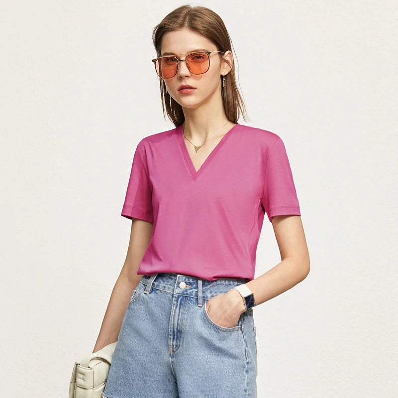 Damen Tops im Minimalismus-Stil mit V-Ausschnitt und kurzen Ärmeln