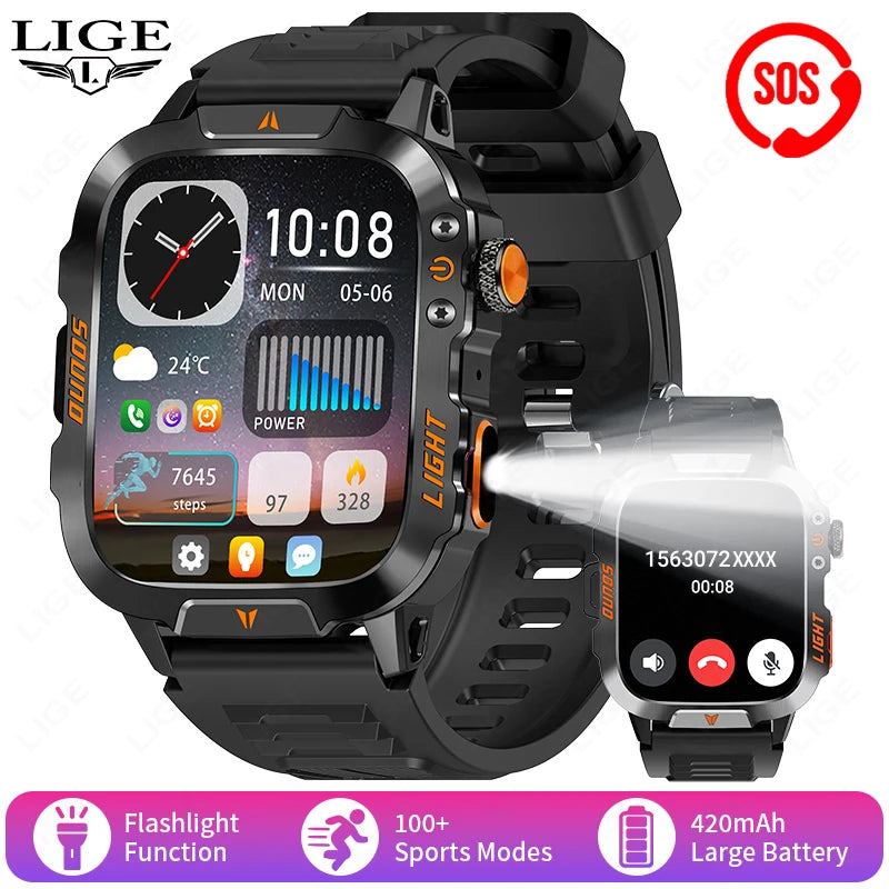 LIGE Neue LED Taschenlampe Outdoor Smart Uhr 420 mAh Batterie Wasserdicht 100 + Sport Herzfrequenz Sprachanruf 1,96 "HD Smartwatch Männer