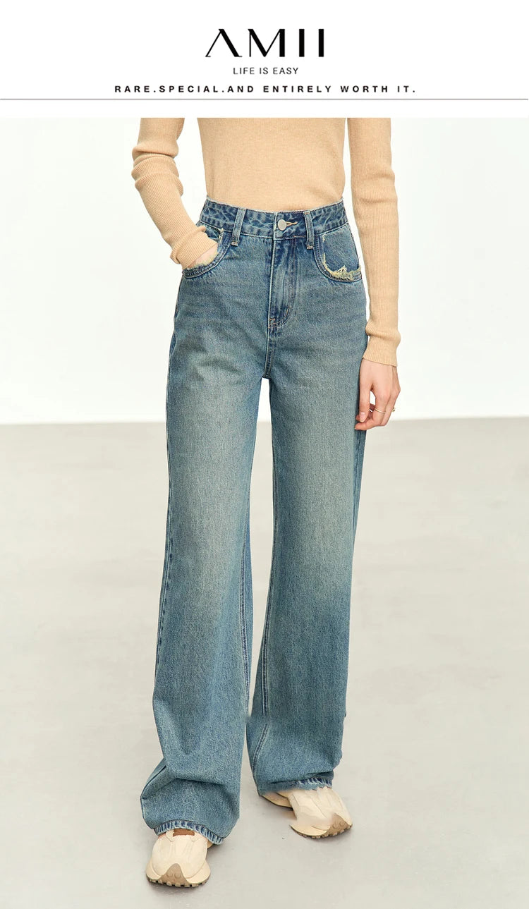 Damen Baggy Jeans im Retro-Stil mit Taschen für das Büro