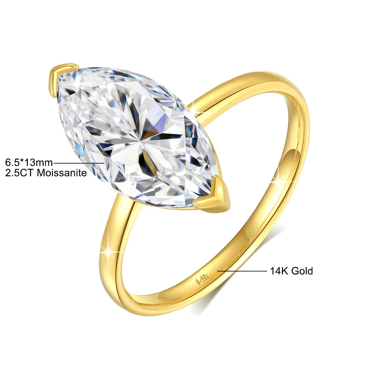 Damen-Verlobungsring aus Moissanit in 14K Gold, Marquise-Schliff, 3 Karat, Zertifikat