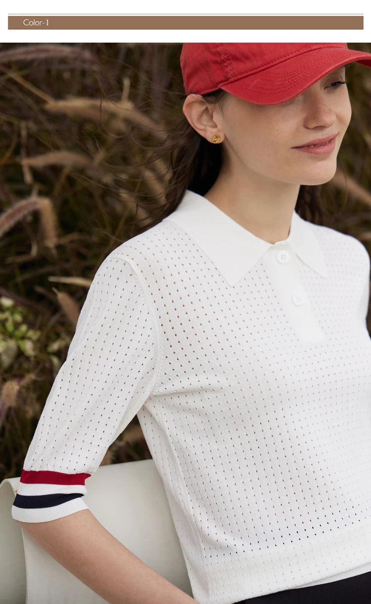 Damen Pullover im Minimalismus-Stil mit Polo-Ausschnitt und Kontrastfarben