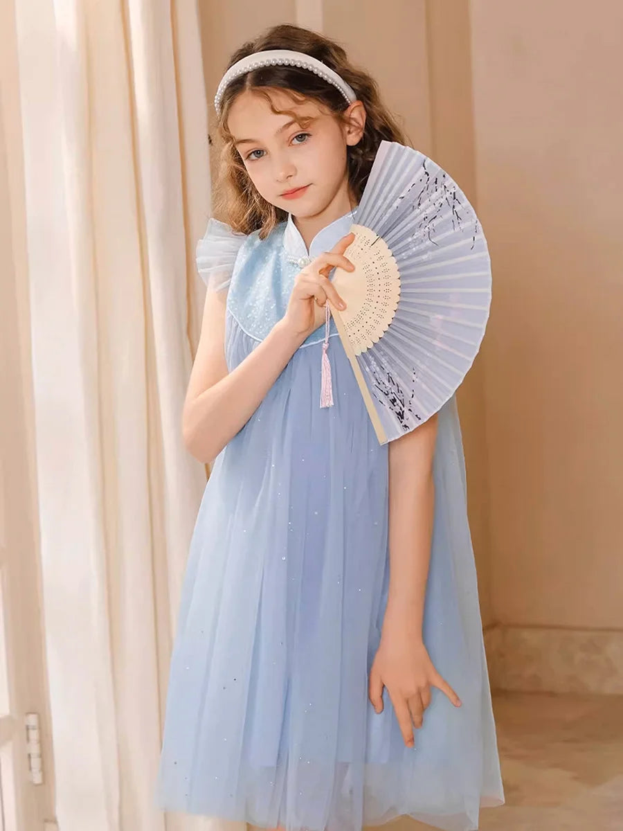 Ärmelloses Sommerkleid für Mädchen mit Blumenmuster und Pailletten – ideal für Hochzeiten und Geburtstagsfeiern