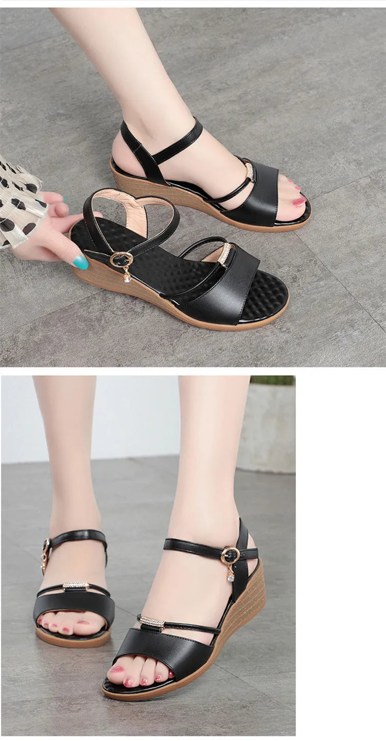 Damen-Sandalen mit Keilabsatz, Sommer, echtes Leder, große Größe 41, 42, 43, Damen-Sandalen, rutschfeste Mutter mittleren Alters, modische Sandalen