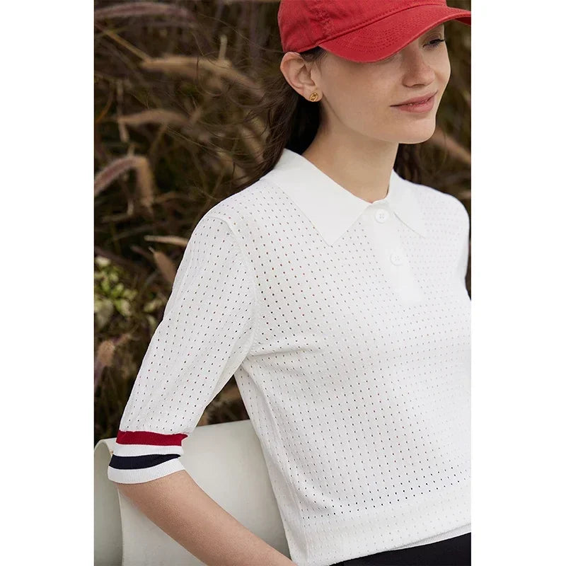 Damen Pullover im Minimalismus-Stil mit Polo-Ausschnitt und Kontrastfarben