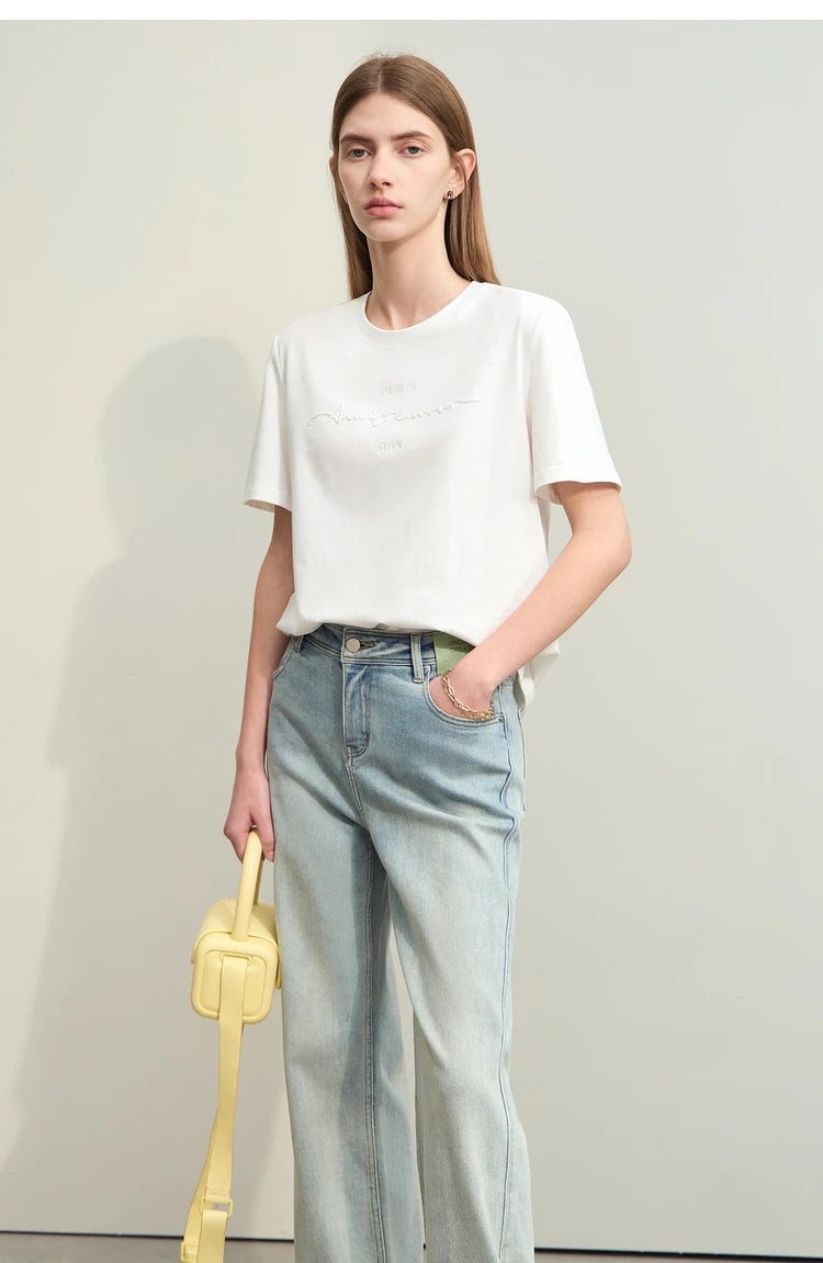 Damen T-Shirts im Minimalismus-Stil mit Kurzarm und Buchstaben-Stickerei