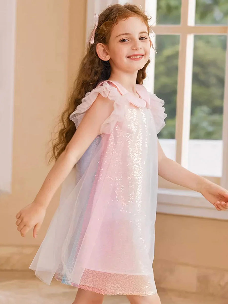 Sommerliches Mädchenkleid aus 100% Baumwolle im französischen Stil mit kurzen Ärmeln – lockere Passform für Kinder von 110cm bis 170cm