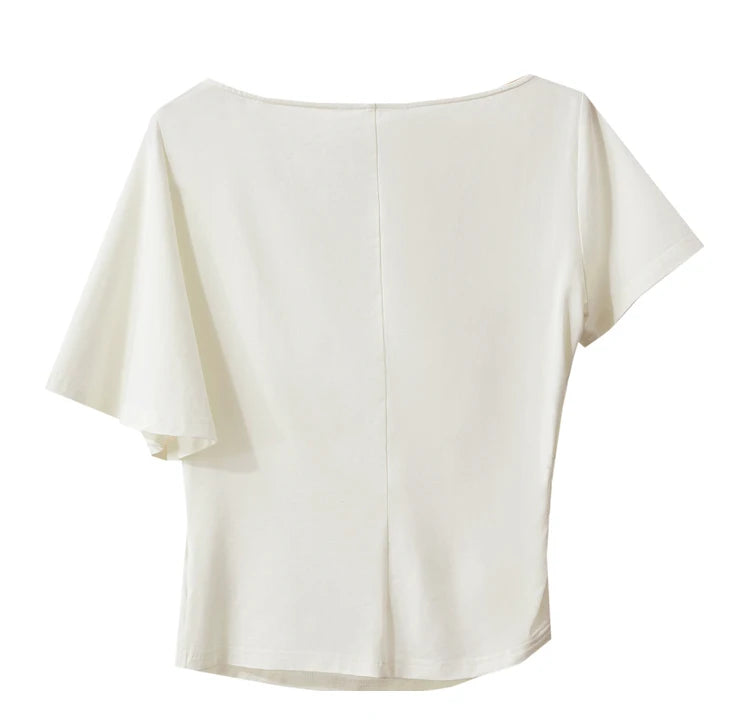 Damen T-Shirt im Minimalismus-Stil mit asymmetrischem Slash Neck und Raffen