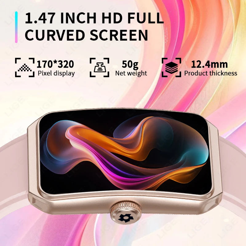 LIGE 1,47" 3D gebogener Bildschirm BT Anruf Musik Smart Watch IP68 wasserdicht Herzfrequenz Blutsauerstoff Frauen Smartwatch 100+ Zifferblatt