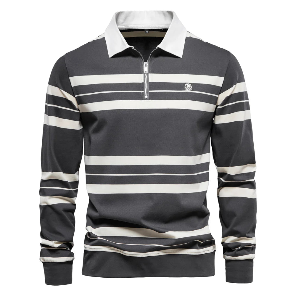 Herren Langarm Polo Shirt aus Baumwolle mit gestreiftem Reißverschluss