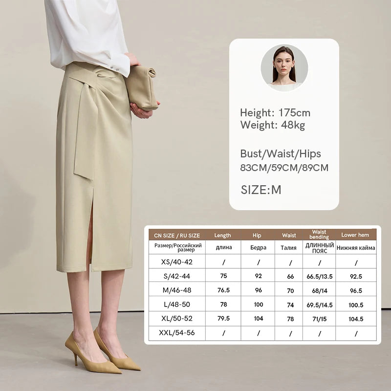 Damenrock beige, Midi-Länge, H-Linie mit seitlichem Schlitz und Bindedetail