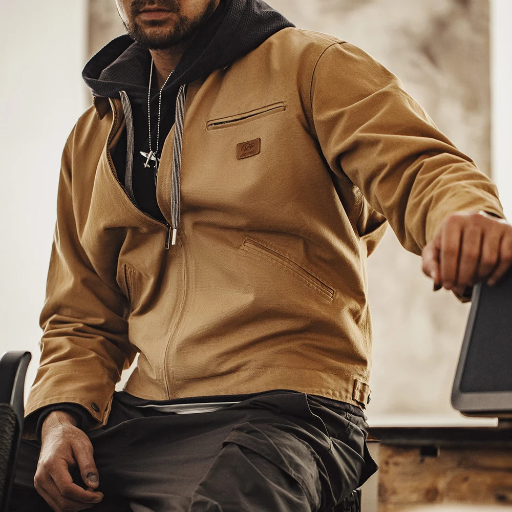 Herren Jacke Retro Canvas Detroit schwere Taschen Reverskragen Reißverschlussmantel