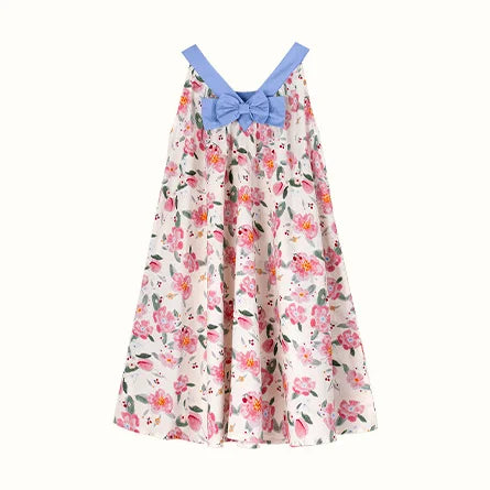 Sommerkleid für Mädchen aus 100% Baumwolle mit kurzen Ärmeln und niedlichem blauen Blumenmuster – geeignet für Kinder von 3 bis 14 Jahren (110cm-170cm)