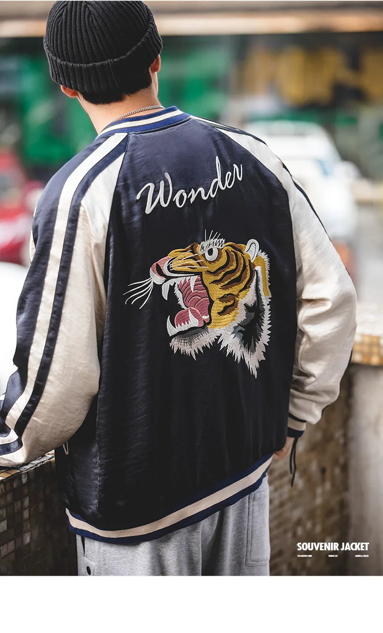 Herren Yokosuka Jacke Retro Reversible Tiger bestickte Patchwork-Outwear
