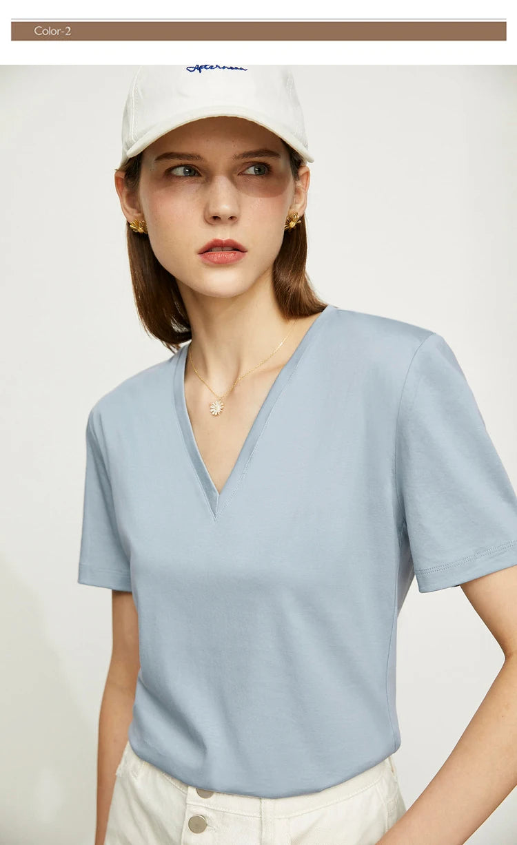 Damen Tops im Minimalismus-Stil mit V-Ausschnitt und kurzen Ärmeln