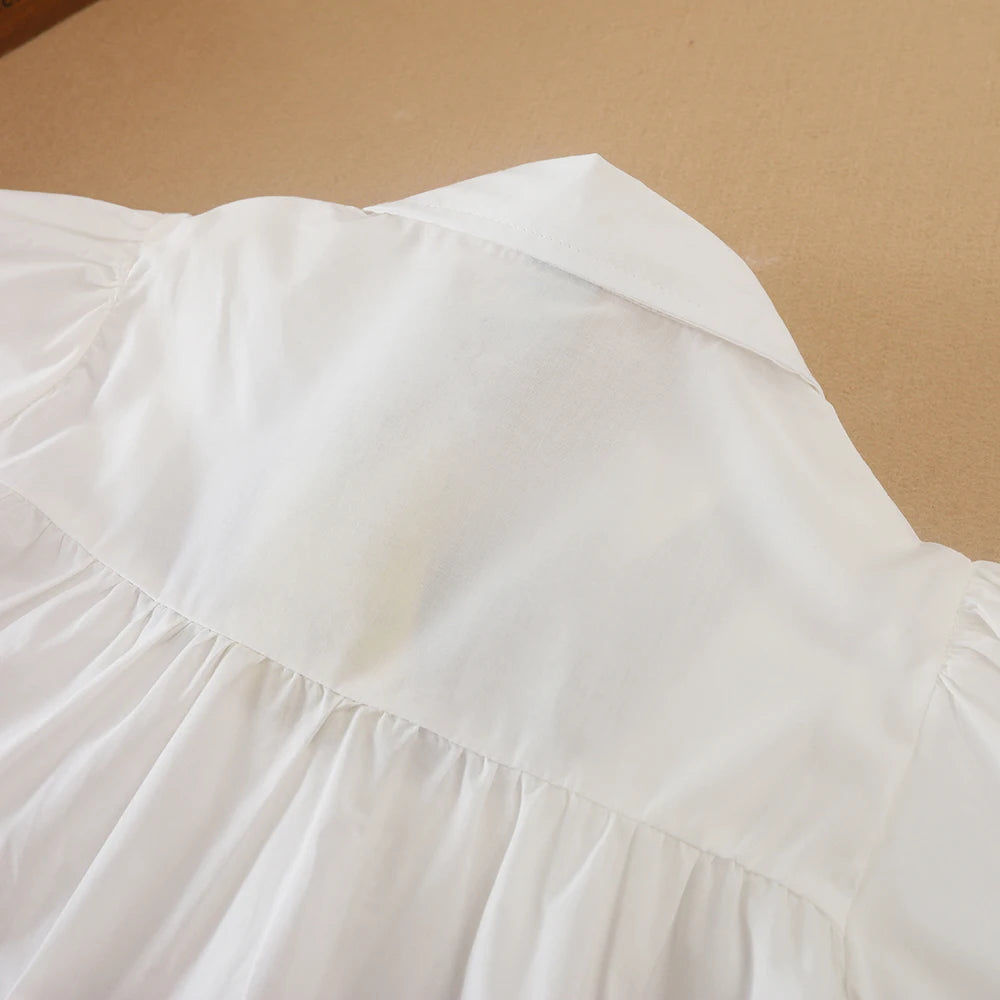 Mädchenkleid mit marineblauer Schleife, 100 % Baumwolle, kurzärmeliges, plissiertes Hemdkleid für lässige Schulkleidung, 5–12 Jahre, Sommerkleidung