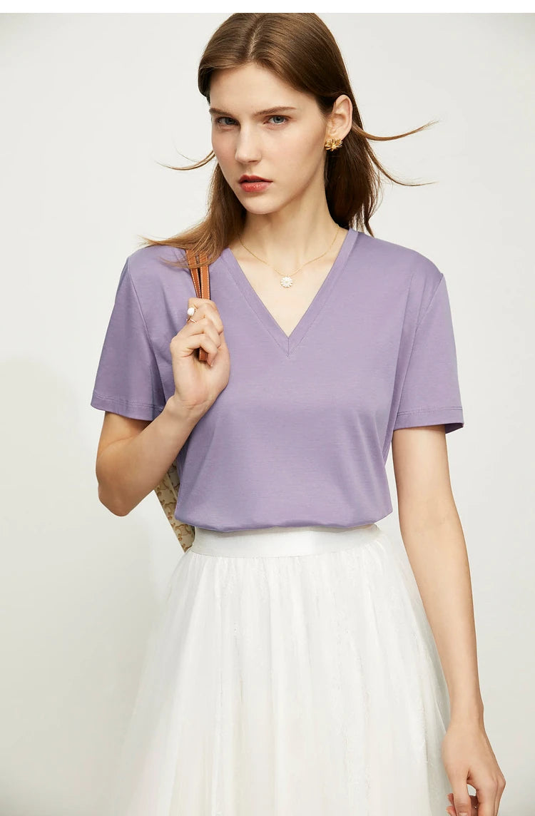 Damen Tops im Minimalismus-Stil mit V-Ausschnitt und kurzen Ärmeln