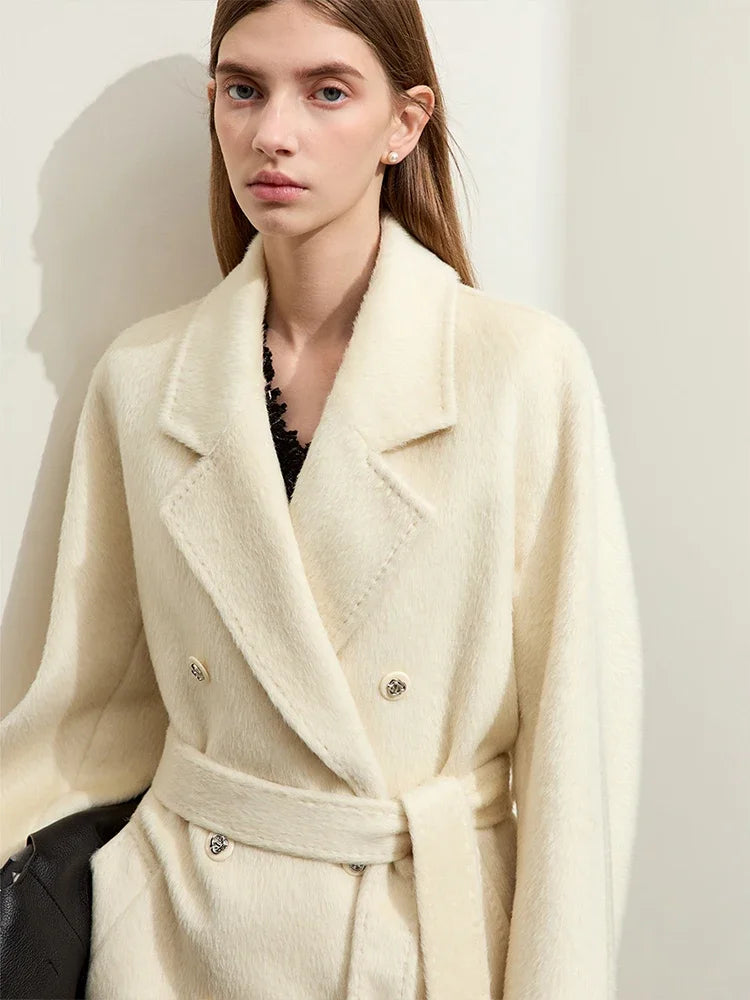 Damen Wollmantel im minimalistischen Stil mit Winter-Reverskragen und Gürtel