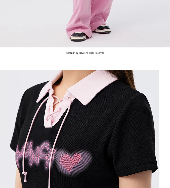 Semir Polo Shirt Frauen Kurzarm Frühling bestickt süß cool Retro Sommer T-Shirt neue Kontrast farbe enges Polo-Shirt