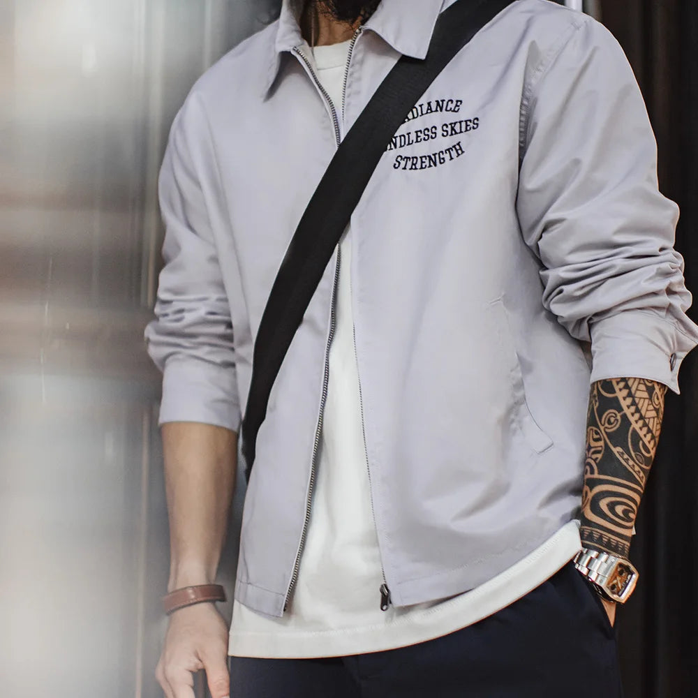 Herren Coach Jacke Vintage Gestickte Buchstaben Reißverschluss Notch-Revers Lässige Oberbekleidung