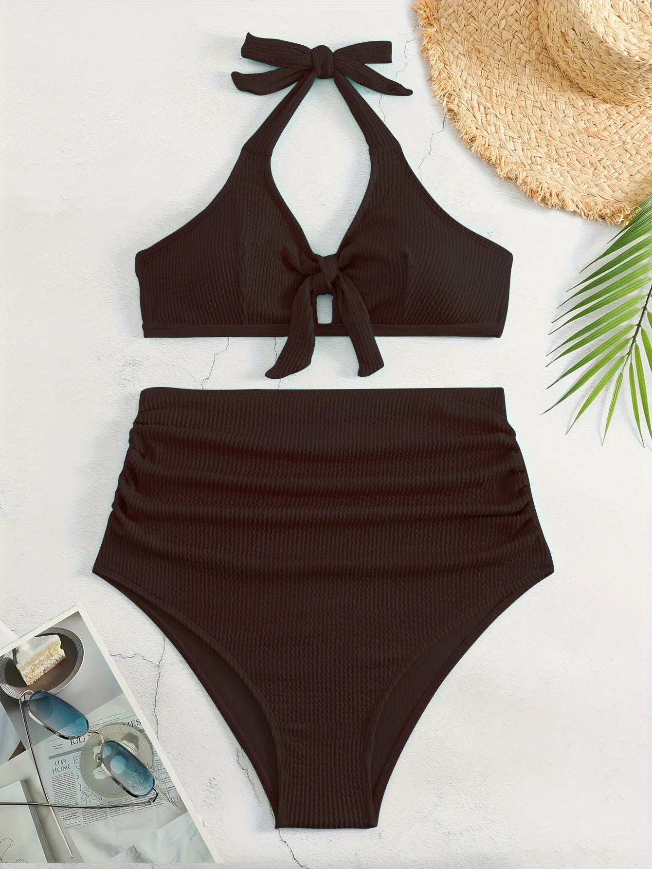 Schwarzer Sexy Tanga-Bikini für Damen in Unifarbe – Brasilianisches Badeanzug-Set für Strand und Pool