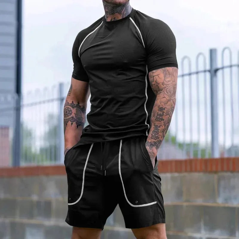 Lässiger Herren-Zweiteiler mit Rundhals und kurzen Ärmeln im sommerlichen Color-Blocking-Design