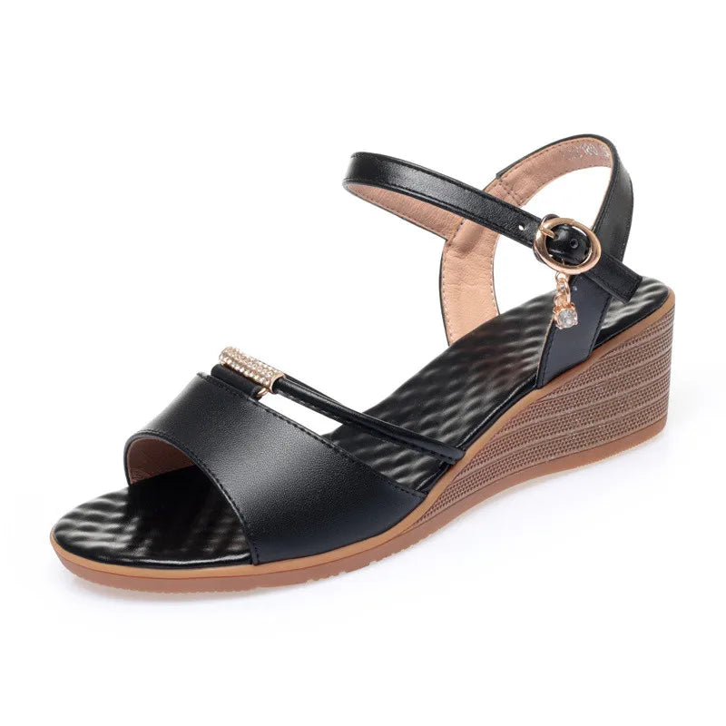 Damen-Sandalen mit Keilabsatz, Sommer, echtes Leder, große Größe 41, 42, 43, Damen-Sandalen, rutschfeste Mutter mittleren Alters, modische Sandalen