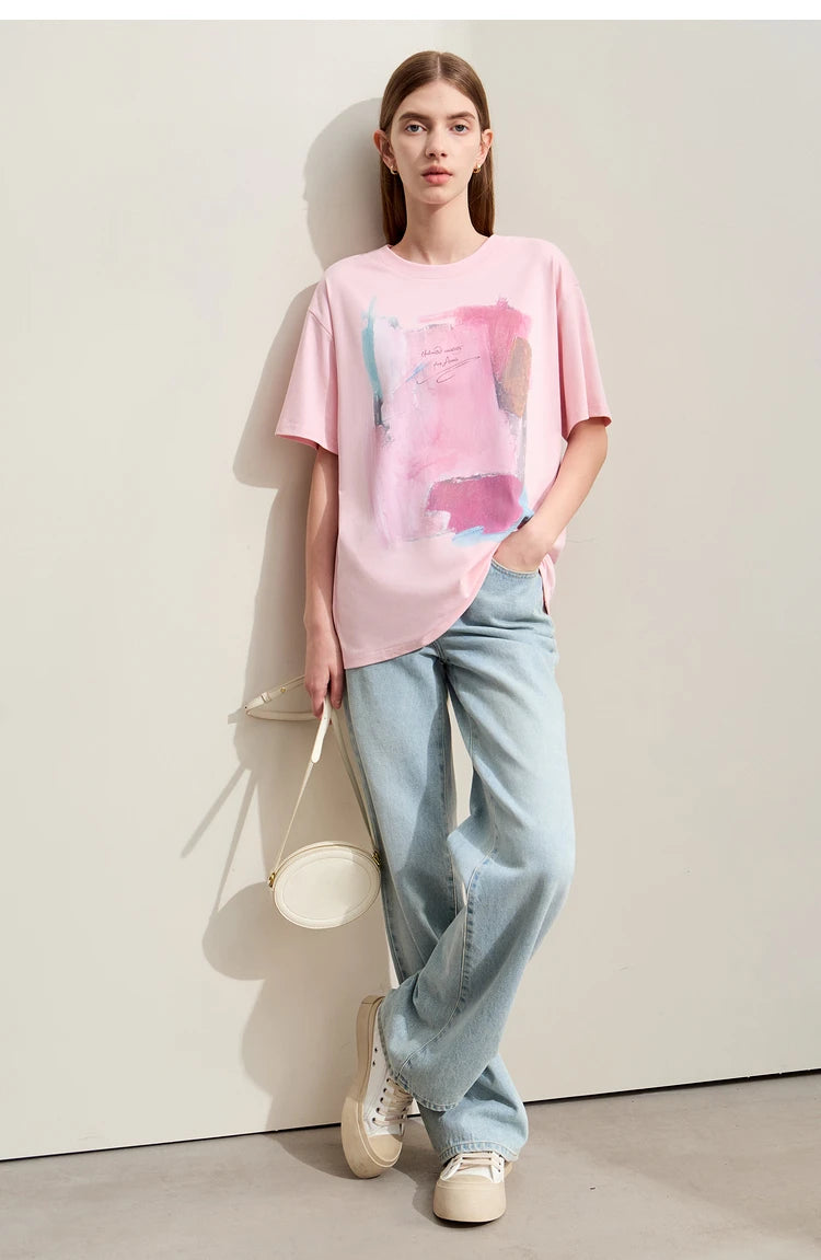 Damen T-Shirts im minimalistischen Stil mit abstraktem Druck für den Sommer