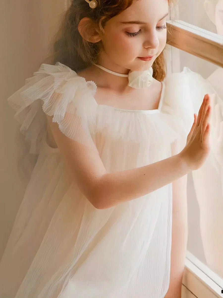 Beiges Sommerkleid für Mädchen im französischen Prinzessinnenstil mit kurzen Ärmeln – ideal für Geburtstagsfeiern und Hochzeiten, geeignet für Kinder von 110 cm bis 170 cm