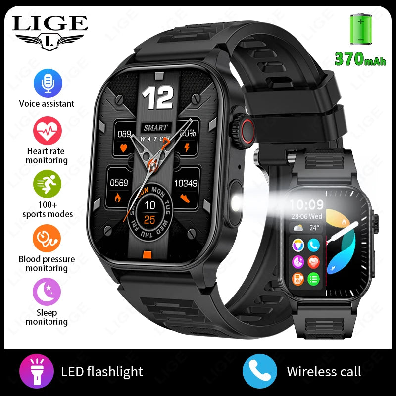 LIGE Neue Smartwatch für Herren, robust, Militär, Bluetooth, Anruf, Sport, Herzfrequenz, IP68, wasserdicht, Outdoor-Smartwatches mit Taschenlampe