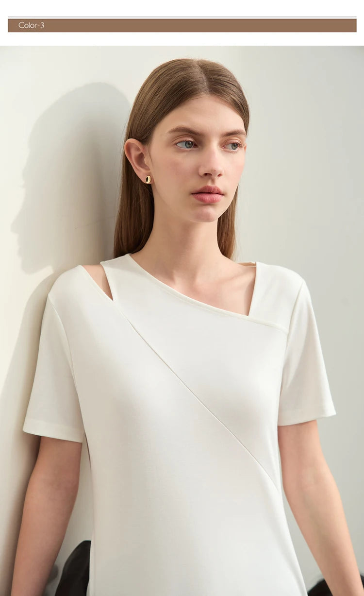 Damen T-Shirts im Minimalismus-Stil mit asymmetrischem V-Ausschnitt und kurzen Ärmeln