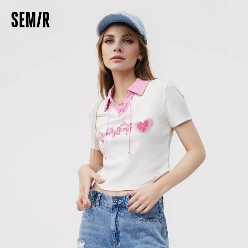 Semir Polo Shirt Frauen Kurzarm Frühling bestickt süß cool Retro Sommer T-Shirt neue Kontrast farbe enges Polo-Shirt