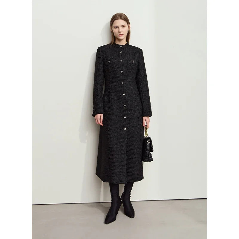 Damen Tweed-Wollmantel mit elegantem Stehkragen und Metallknopf für den Winter