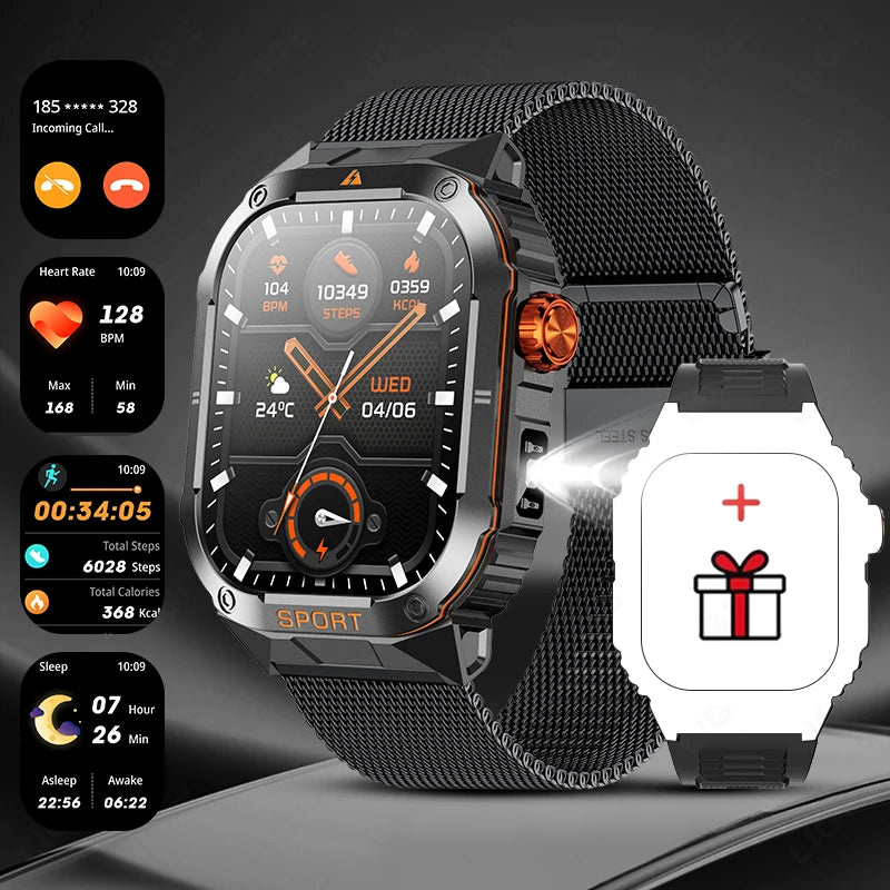 LIGE Military Taschenlampe Smart Uhr Wasserdicht Herzfrequenz Fitness Sport Anruf Erinnerung Smartwatch Für IOS Android Telefon 2025