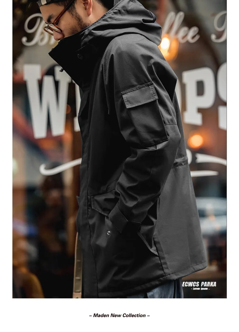 Herren Outdoor Sport Kapuzenjacke Windjacke Motorrad Stil Mittellanger Mantel Taschen Herbst