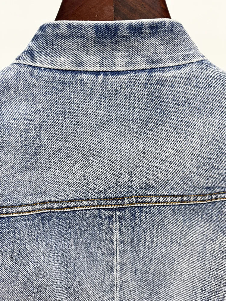 Damen-Blazer Denim Slim Gürtel Löwenknopf V-Ausschnitt Einknopf