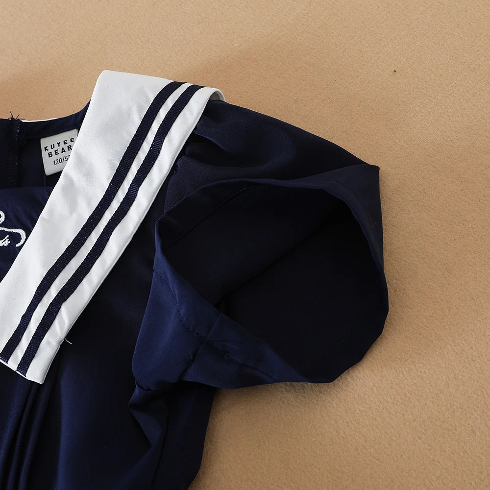 Kurzärmliges Sommerkleid für Mädchen für 5–12 Jahre, adrette Kleider mit gestreiftem Kragen im College-Stil, Kleidung für den Schulanfang