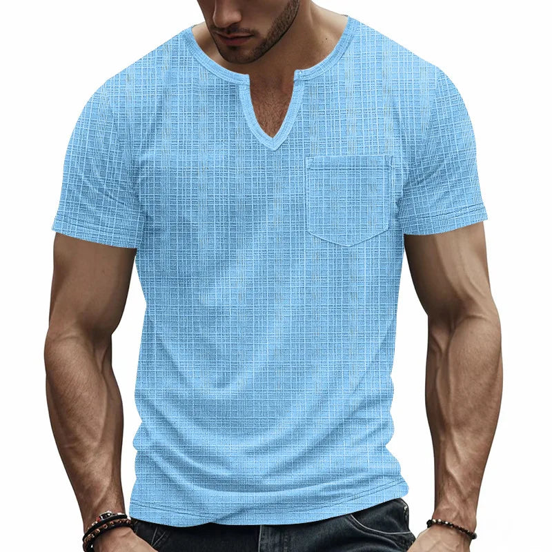 Herren-Casual-Poloshirt mit V-Ausschnitt, Brusttasche und Knopfleiste – vielseitiges, einfarbiges Business-T-Shirt