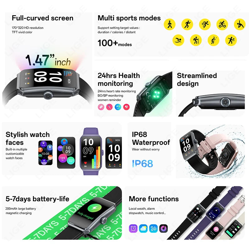 LIGE 1,47" 3D gebogener Bildschirm BT Anruf Musik Smart Watch IP68 wasserdicht Herzfrequenz Blutsauerstoff Frauen Smartwatch 100+ Zifferblatt