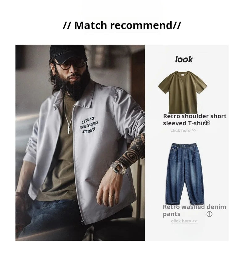 Herren Coach Jacke Vintage Gestickte Buchstaben Reißverschluss Notch-Revers Lässige Oberbekleidung