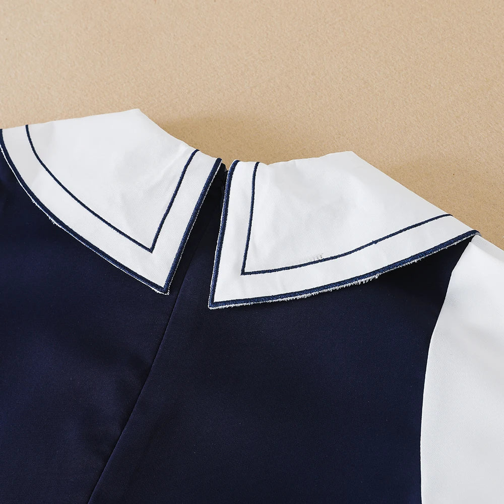 Marineblaues Mädchenkleid mit weißem Kragen und Schleife, kurzärmliges, plissiertes Kleid im Schulstil, Kinderkleidung für 5–12 Jahre
