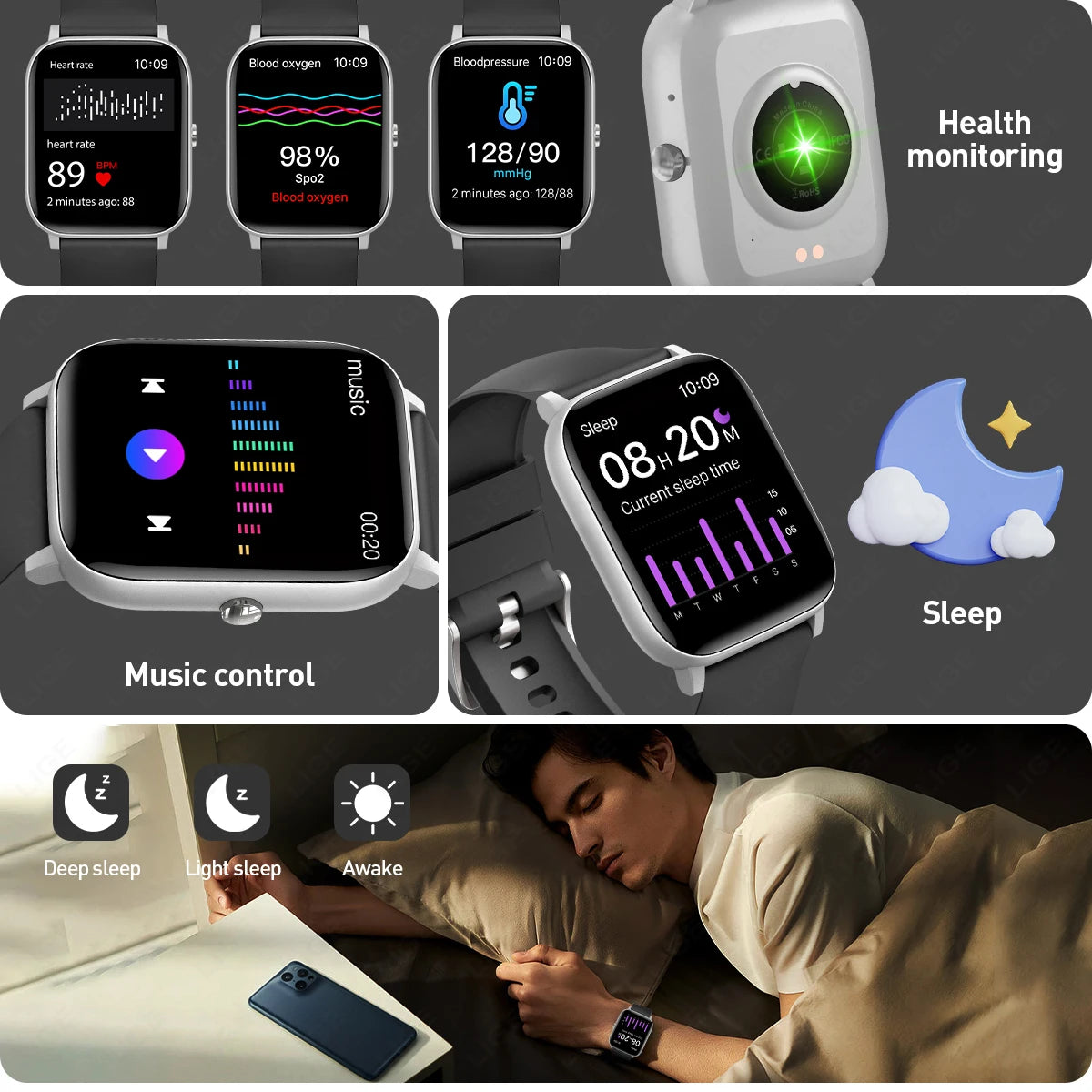 LIGE Voice Calling Smart Watch Ultra 1,85" HD-Bildschirm Schlafgesundheitsmonitor Sport DIY Zifferblätter Smartwatch Wasserdichte Uhren
