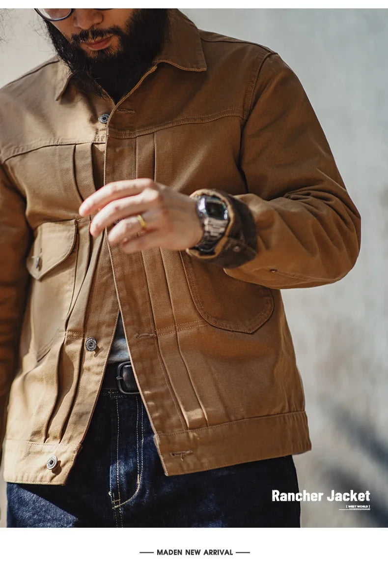 Herren Jeansjacke Vintage schwere Canvas Rancherjacken mit Kragen und Taschen
